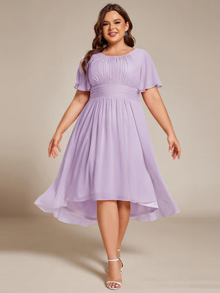 Short Sleeve Ruffle Pleated Round Neck A-Line High-Low Wedding Guest Dresses