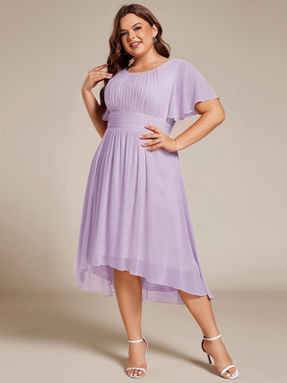 Short Sleeve Ruffle Pleated Round Neck A-Line High-Low Wedding Guest Dresses