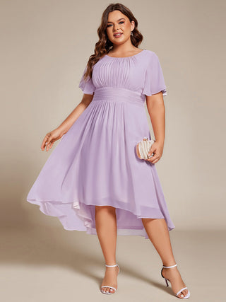Short Sleeve Ruffle Pleated Round Neck A-Line High-Low Wedding Guest Dresses