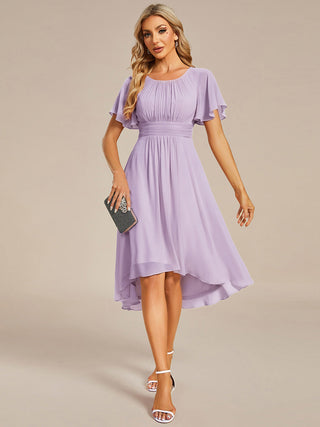Short Sleeve Ruffle Pleated Round Neck A-Line High-Low Wedding Guest Dresses