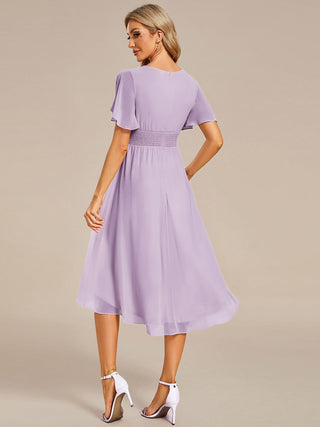 Short Sleeve Ruffle Pleated Round Neck A-Line High-Low Wedding Guest Dresses
