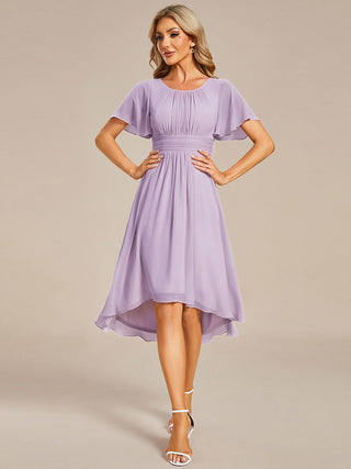 Short Sleeve Ruffle Pleated Round Neck A-Line High-Low Wedding Guest Dresses