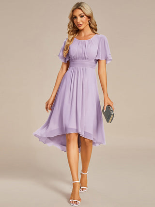 Short Sleeve Ruffle Pleated Round Neck A-Line High-Low Wedding Guest Dresses