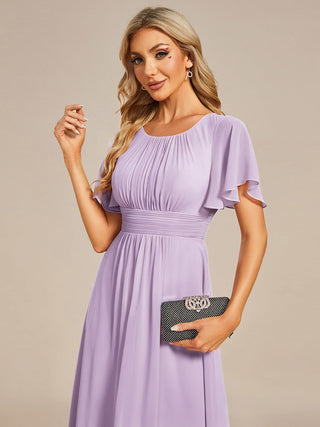 Short Sleeve Ruffle Pleated Round Neck A-Line High-Low Wedding Guest Dresses