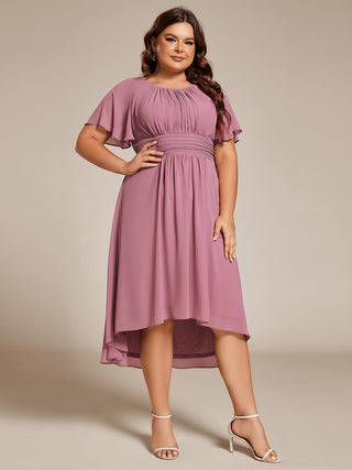 Short Sleeve Ruffle Pleated Round Neck A-Line High-Low Wedding Guest Dresses