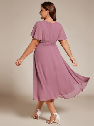 Short Sleeve Ruffle Pleated Round Neck A-Line High-Low Wedding Guest Dresses