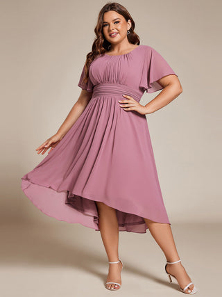 Short Sleeve Ruffle Pleated Round Neck A-Line High-Low Wedding Guest Dresses