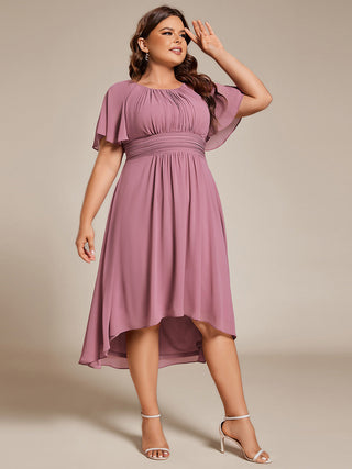 Short Sleeve Ruffle Pleated Round Neck A-Line High-Low Wedding Guest Dresses