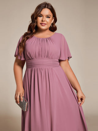 Short Sleeve Ruffle Pleated Round Neck A-Line High-Low Wedding Guest Dresses