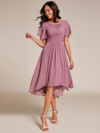 Short Sleeve Ruffle Pleated Round Neck A-Line High-Low Wedding Guest Dresses
