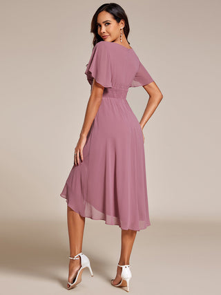 Short Sleeve Ruffle Pleated Round Neck A-Line High-Low Wedding Guest Dresses