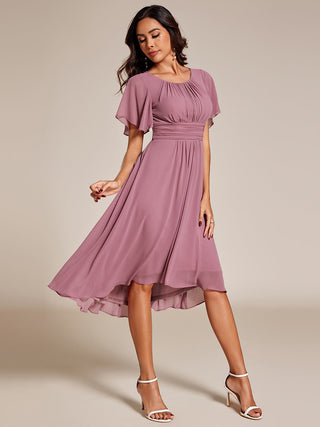 Short Sleeve Ruffle Pleated Round Neck A-Line High-Low Wedding Guest Dresses