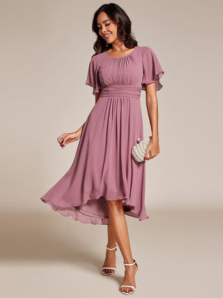 Short Sleeve Ruffle Pleated Round Neck A-Line High-Low Wedding Guest Dresses