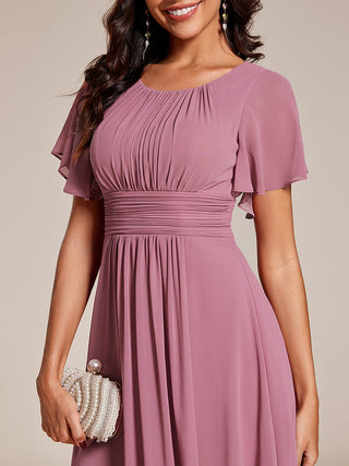 Short Sleeve Ruffle Pleated Round Neck A-Line High-Low Wedding Guest Dresses