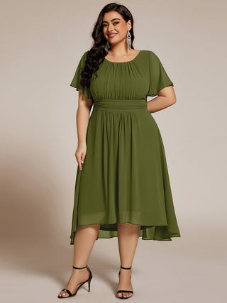 Short Sleeve Ruffle Pleated Round Neck A-Line High-Low Wedding Guest Dresses