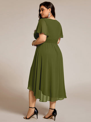 Short Sleeve Ruffle Pleated Round Neck A-Line High-Low Wedding Guest Dresses