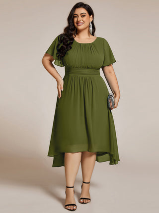 Short Sleeve Ruffle Pleated Round Neck A-Line High-Low Wedding Guest Dresses