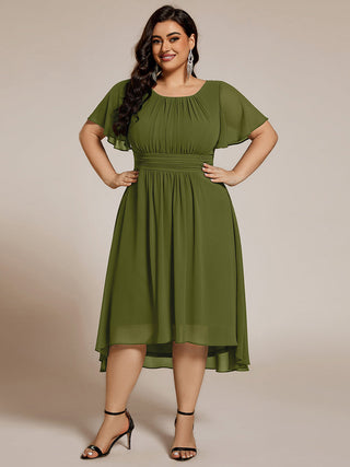 Short Sleeve Ruffle Pleated Round Neck A-Line High-Low Wedding Guest Dresses