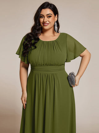 Short Sleeve Ruffle Pleated Round Neck A-Line High-Low Wedding Guest Dresses