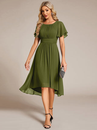 Short Sleeve Ruffle Pleated Round Neck A-Line High-Low Wedding Guest Dresses