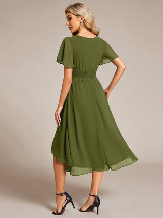 Short Sleeve Ruffle Pleated Round Neck A-Line High-Low Wedding Guest Dresses