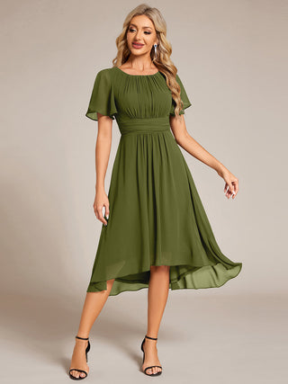 Short Sleeve Ruffle Pleated Round Neck A-Line High-Low Wedding Guest Dresses