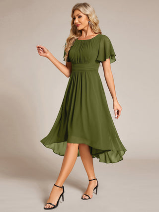 Short Sleeve Ruffle Pleated Round Neck A-Line High-Low Wedding Guest Dresses