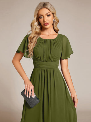 Short Sleeve Ruffle Pleated Round Neck A-Line High-Low Wedding Guest Dresses