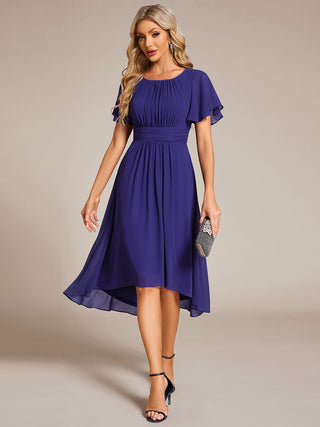Short Sleeve Ruffle Pleated Round Neck A-Line High-Low Wedding Guest Dresses