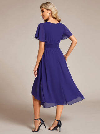 Short Sleeve Ruffle Pleated Round Neck A-Line High-Low Wedding Guest Dresses