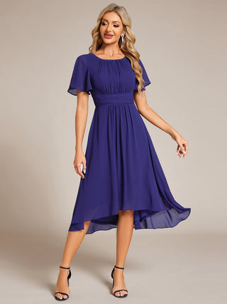 Short Sleeve Ruffle Pleated Round Neck A-Line High-Low Wedding Guest Dresses