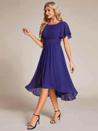 Short Sleeve Ruffle Pleated Round Neck A-Line High-Low Wedding Guest Dresses