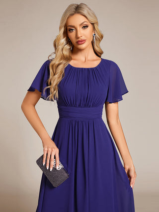 Short Sleeve Ruffle Pleated Round Neck A-Line High-Low Wedding Guest Dresses