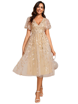 Exquisite Midi Length Ruffles Sleeve Tulle Sequin Dresses with Embroidery