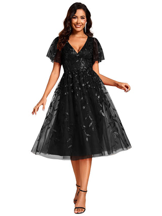 Exquisite Midi Length Ruffles Sleeve Tulle Sequin Dresses with Embroidery