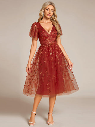Exquisite Midi Length Ruffles Sleeve Tulle Sequin Dresses with Embroidery