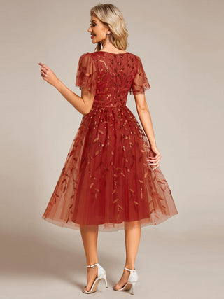 Exquisite Midi Length Ruffles Sleeve Tulle Sequin Dresses with Embroidery