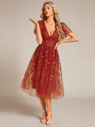 Exquisite Midi Length Ruffles Sleeve Tulle Sequin Dresses with Embroidery