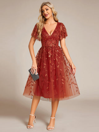 Exquisite Midi Length Ruffles Sleeve Tulle Sequin Dresses with Embroidery