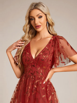 Exquisite Midi Length Ruffles Sleeve Tulle Sequin Dresses with Embroidery