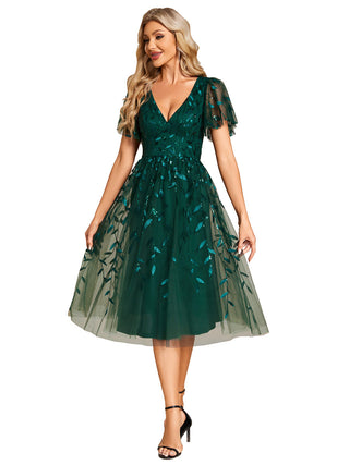 Exquisite Midi Length Ruffles Sleeve Tulle Sequin Dresses with Embroidery