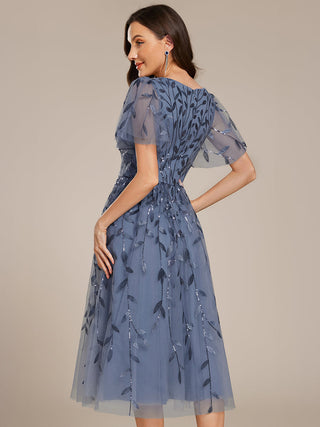 Exquisite Midi Length Ruffles Sleeve Tulle Sequin Dresses with Embroidery