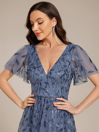Exquisite Midi Length Ruffles Sleeve Tulle Sequin Dresses with Embroidery