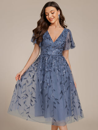 Exquisite Midi Length Ruffles Sleeve Tulle Sequin Dresses with Embroidery