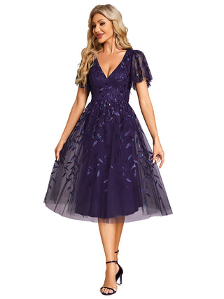 Exquisite Midi Length Ruffles Sleeve Tulle Sequin Dresses with Embroidery