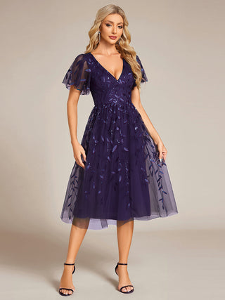 Exquisite Midi Length Ruffles Sleeve Tulle Sequin Dresses with Embroidery
