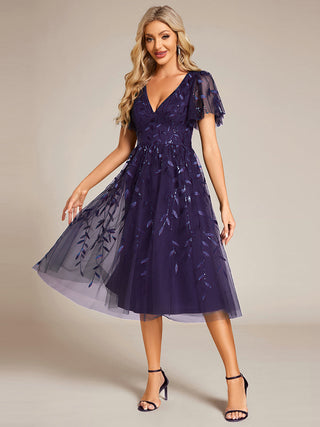 Exquisite Midi Length Ruffles Sleeve Tulle Sequin Dresses with Embroidery