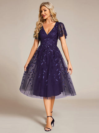 Exquisite Midi Length Ruffles Sleeve Tulle Sequin Dresses with Embroidery