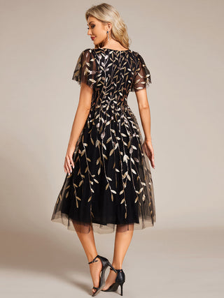 Exquisite Midi Length Ruffles Sleeve Tulle Sequin Dresses with Embroidery