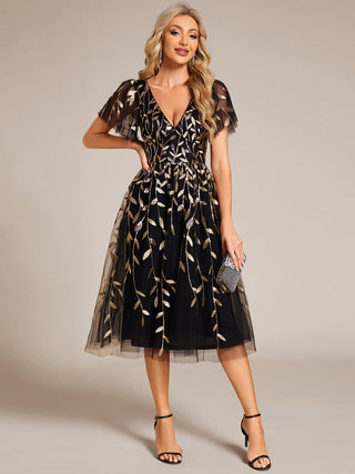 Exquisite Midi Length Ruffles Sleeve Tulle Sequin Dresses with Embroidery